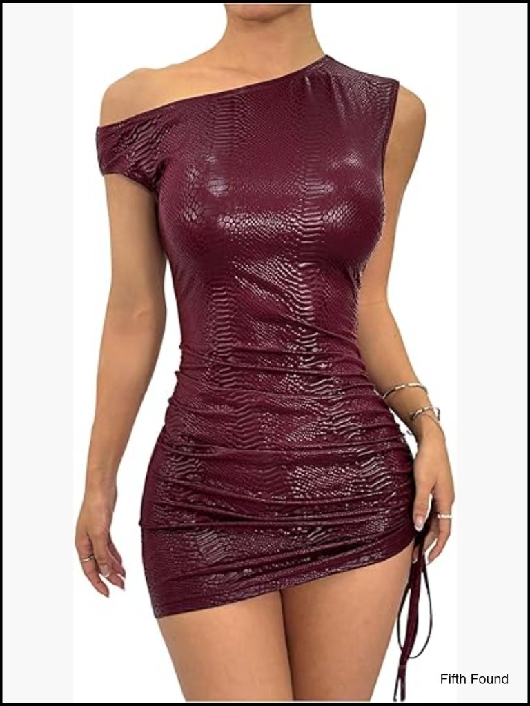 Off Shoulder Faux Leather Mini Dress Drawstring Ruched Bodycon